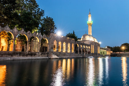 Night view of Balikligol (Pool of Abraham) and RÄ±zvaniye Mosque in Sanliurfa, Turkey