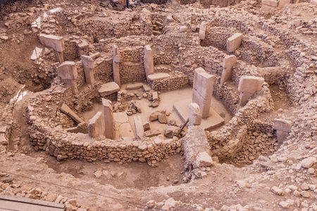 View of Gobekli Tepe archaeological site ruins, Turkeyの写真素材
