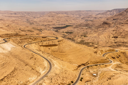 Aerial view of Wadi Mujib canyon and the King's Highway, Jordanの写真素材
