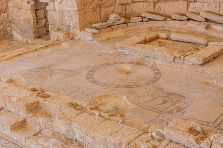 UMM AR-RASAS, JORDAN - JULY 9, 2022: Byzantine mosaics in the ruins of the Church of St. Stephen at Umm ar-Rasas site in Jordanの写真素材
