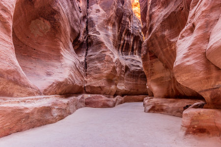 The Siq gorge, main entrance to the ancient city Petra, Jordanの写真素材