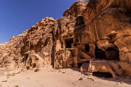 Rock-cut tombs in Little Petra canyon, Jordanの写真素材