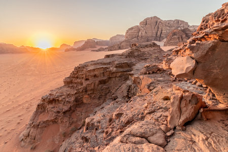 Sunset in Wadi Rum desert, Jordanの写真素材