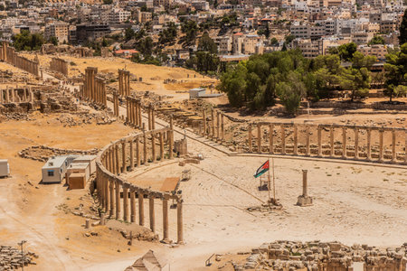 Forum (Oval plaza) of the ancient city Jerash, Jordanの写真素材