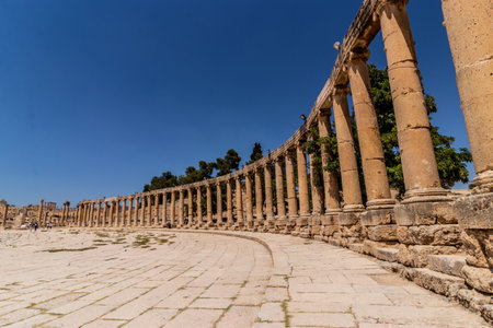 Colonnade of the Forum (Oval plaza) of ancient city Jerash, Jordan