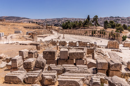 Forum (Oval plaza) of the ancient city Jerash viewed from the Temple of Zeus, Jordanの写真素材