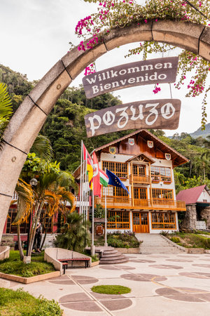 POZUZO, PERU - NOVEMBER 20, 2022:  Arch in front of the Municipality building in Pozuzo village, Peruのeditorial素材