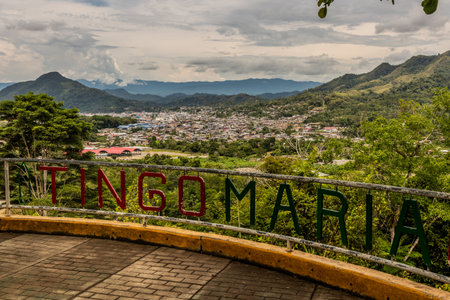Text TINGO MARIA at Jacintillo viewpoint over Tingo Maria town, Peruの写真素材