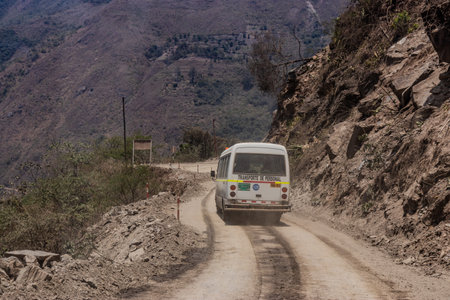 URUBAMBA VALLEY, PERU - NOVEMBER 9, 2022: Narrow road in Urubamba river valley between Santa Maria and Santa Teresa towns, Peruのeditorial素材