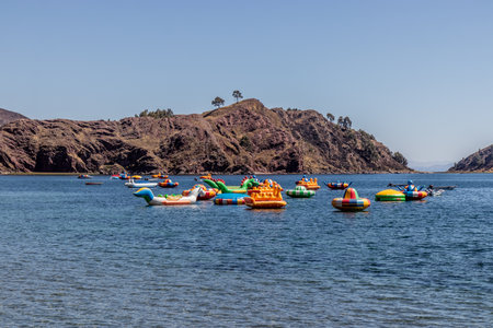Floating water park on Titicaca lake near Capachica, Peruの写真素材
