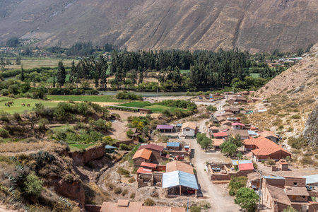 Aerial view of Pichingoto village in the Sacred Valley of Incas, Peru