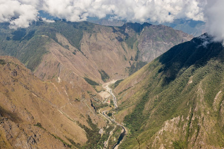 Aerial view of Urubamba river valley from Machu Picchu mountain, Peruの写真素材