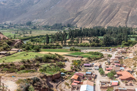 Aerial view of Pichingoto village in the Sacred Valley of Incas, Peruの写真素材