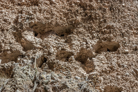 Ancient cliffside tombs near Madrigal village in Colca canyon, Peruの写真素材