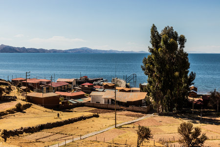 View of Amantani island in Titicaca lake, Peruの写真素材