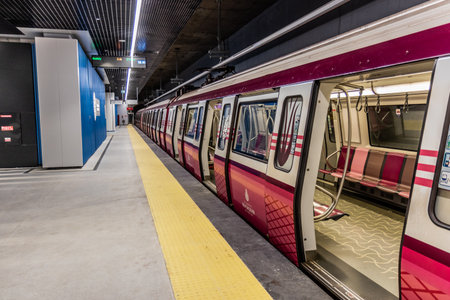 ISTANBUL, TURKEY - OCTOBER 10, 2022: Train at Sabiha Gokcen Airport metro station in Istanbul, Turkeyのeditorial素材