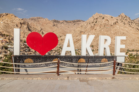 Sign I LOVE AKRE located above Akre town, Kurdistan Region of Iraqの写真素材