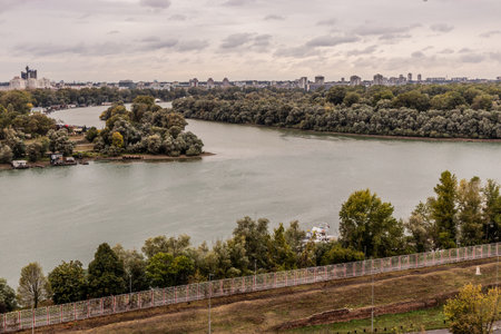 Confluence of Sava and Danuber rivers in Belgrade, Serbiaの写真素材