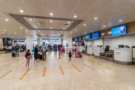 BELGRADE, SERBIA - OCTOBER 12, 2021: Check in area at the Belgrade Nikola Tesla Airport, Serbia