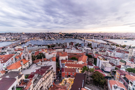 Sunset aerial view of Golden Horn in Istanbul, Turkeyの写真素材