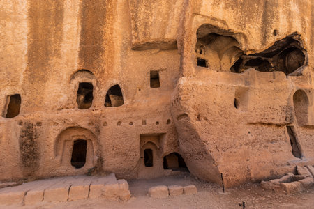 Ancient tombs and rock-cut structures in Dara village in Mardin province, Turkeyの写真素材