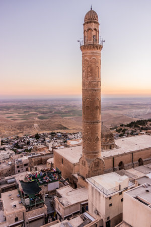 Evening view of the minaret of the Grand Mosque (Ulu Camii) in Mardin, Turkeyの写真素材