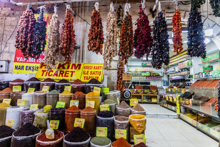 SANLIURFA, TURKEY - SEPTEMBER 22, 2022: Spice shop in the bazaar in Sanliurfa, Turkeyのeditorial素材