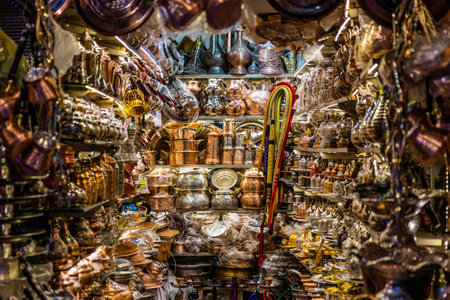 SANLIURFA, TURKEY - SEPTEMBER 22, 2022: Coppersmith stall at the bazaar in Sanliurfa, Turkeyのeditorial素材
