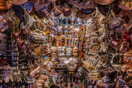 SANLIURFA, TURKEY - SEPTEMBER 22, 2022: Coppersmith stall at the bazaar in Sanliurfa, Turkeyのeditorial素材