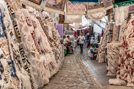 DIYARBAKIR, TURKEY - SEPTEMBER 24, 2022: Carpet stall at the market in Diyarbakir, Turkeyのeditorial素材