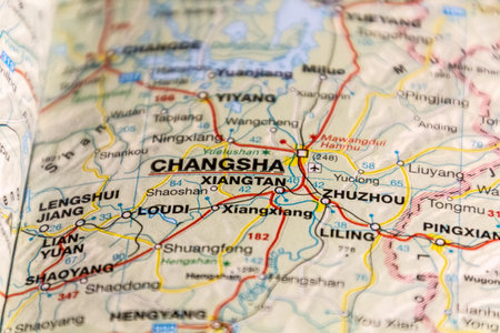 Changsha, China on a road map.の写真素材