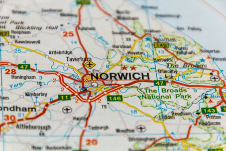 Norwich, UK on a road map.