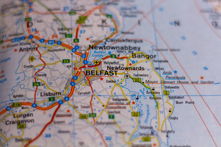 Belfast, Northern Ireland, UK on a road map.の写真素材