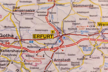 Erfurt, Germany on a road map.