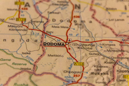 Dodoma, capital of Tanzania on a road mapの写真素材