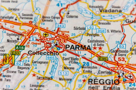 Parma, Emilia-Romagna region, Italy on a road map.の写真素材