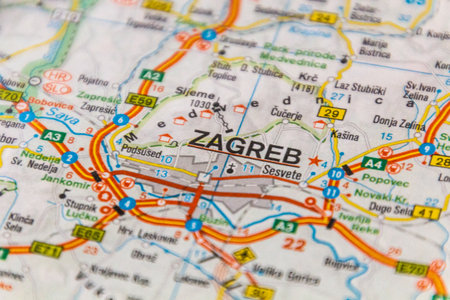 Zagreb, Croatia on a road map.の写真素材