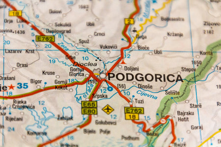 Podgorica, Montenegro on a road map.の写真素材