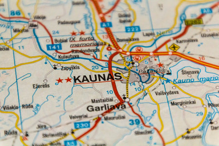 Kaunas, Lithuania on a road map.の写真素材