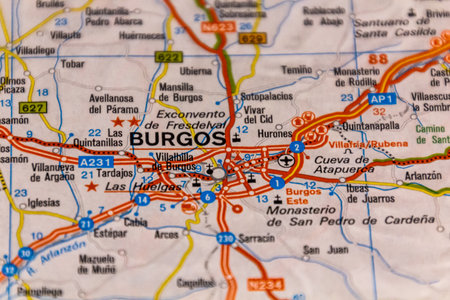 Burgos, Castile and Leon, Spain on a road mapの写真素材