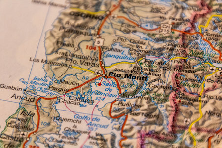 Puerto Montt, Chile on a road mapの写真素材