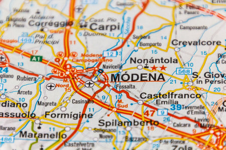 Modena, Emilia-Romagna region, Italy on a road map.の写真素材