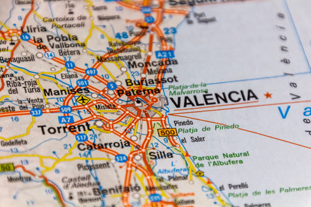 Valencia, Spain on a road mapの写真素材