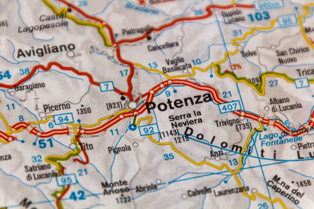 Potenza, Italy on a road map.の写真素材