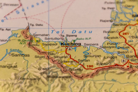 Kuching, Sarawak, Malaysia on a road mapの写真素材