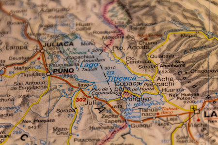 Titicaca lake on a road mapの写真素材