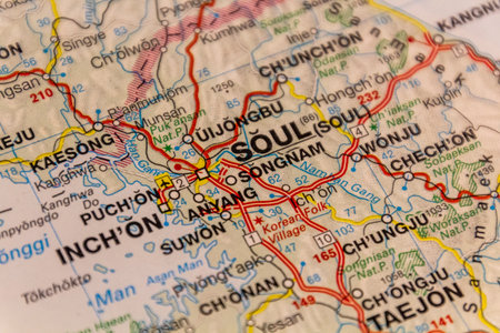Seoul, capital of South Korea on a road mapの写真素材