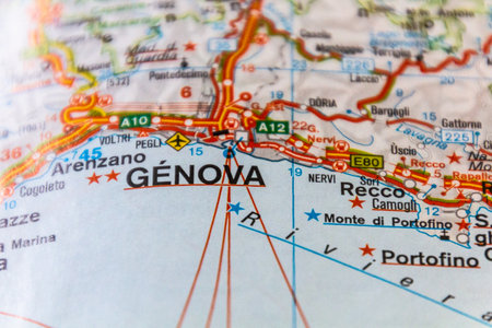 Genova (Genoa), Liguria region, Italy on a road map.の写真素材