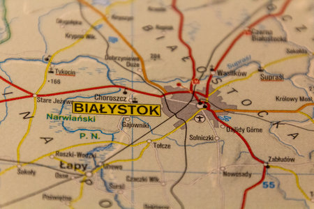 Bialystok, Poland on a road mapの写真素材