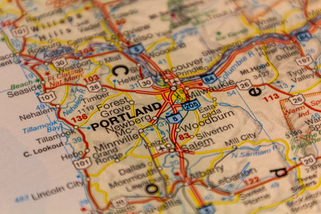 Portland, Oregon, USA on a road map